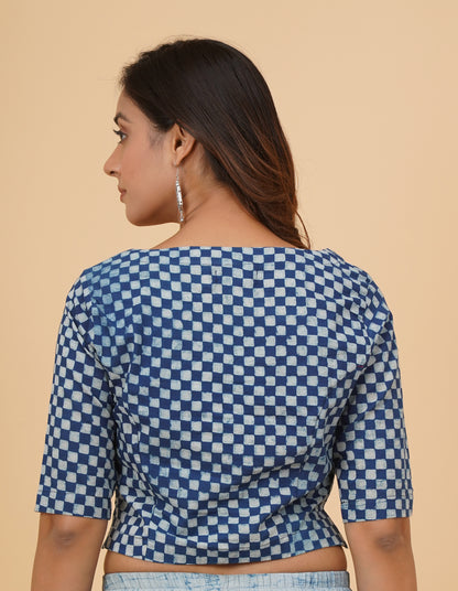 Indigo Dyed Dabu Printed Full Sleeve Blouse