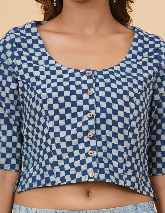 Indigo Dyed Dabu Printed Full Sleeve Blouse