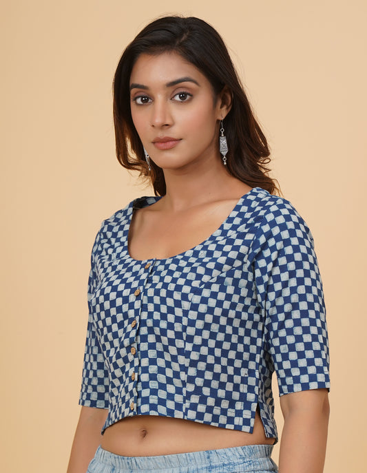 Indigo Dyed Dabu Printed Full Sleeve Blouse