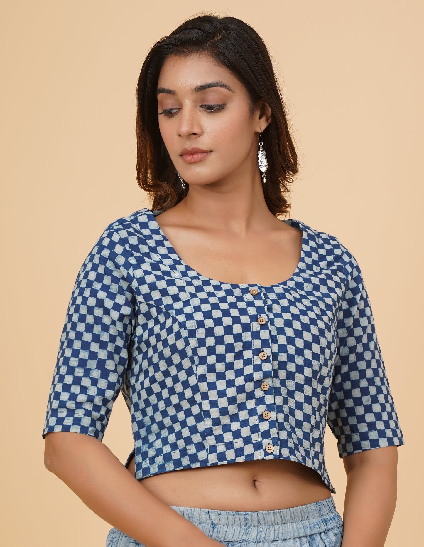 Indigo Dyed Dabu Printed Full Sleeve Blouse