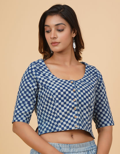 Indigo Dyed Dabu Printed Full Sleeve Blouse