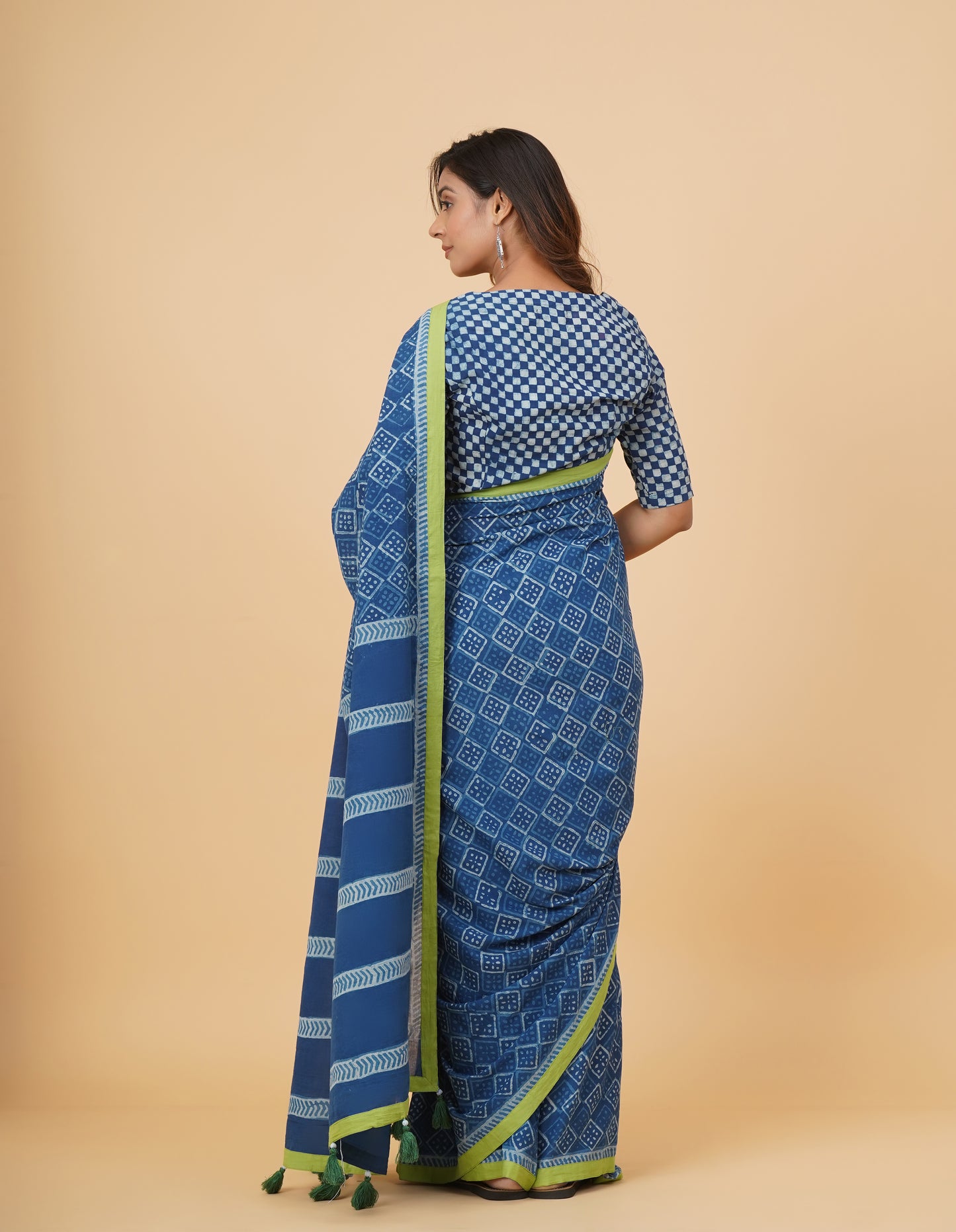 Natural Indigo Dyed Dabu Hand Block Printed Cotton Saree