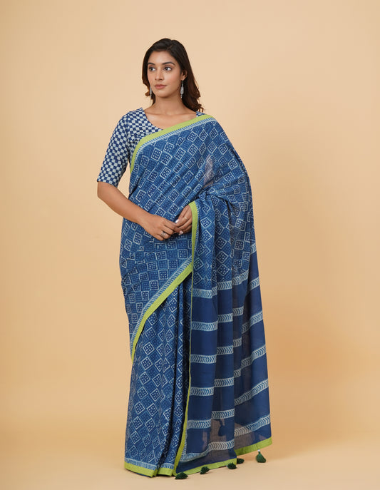 Natural Indigo Dyed Dabu Hand Block Printed Cotton Saree