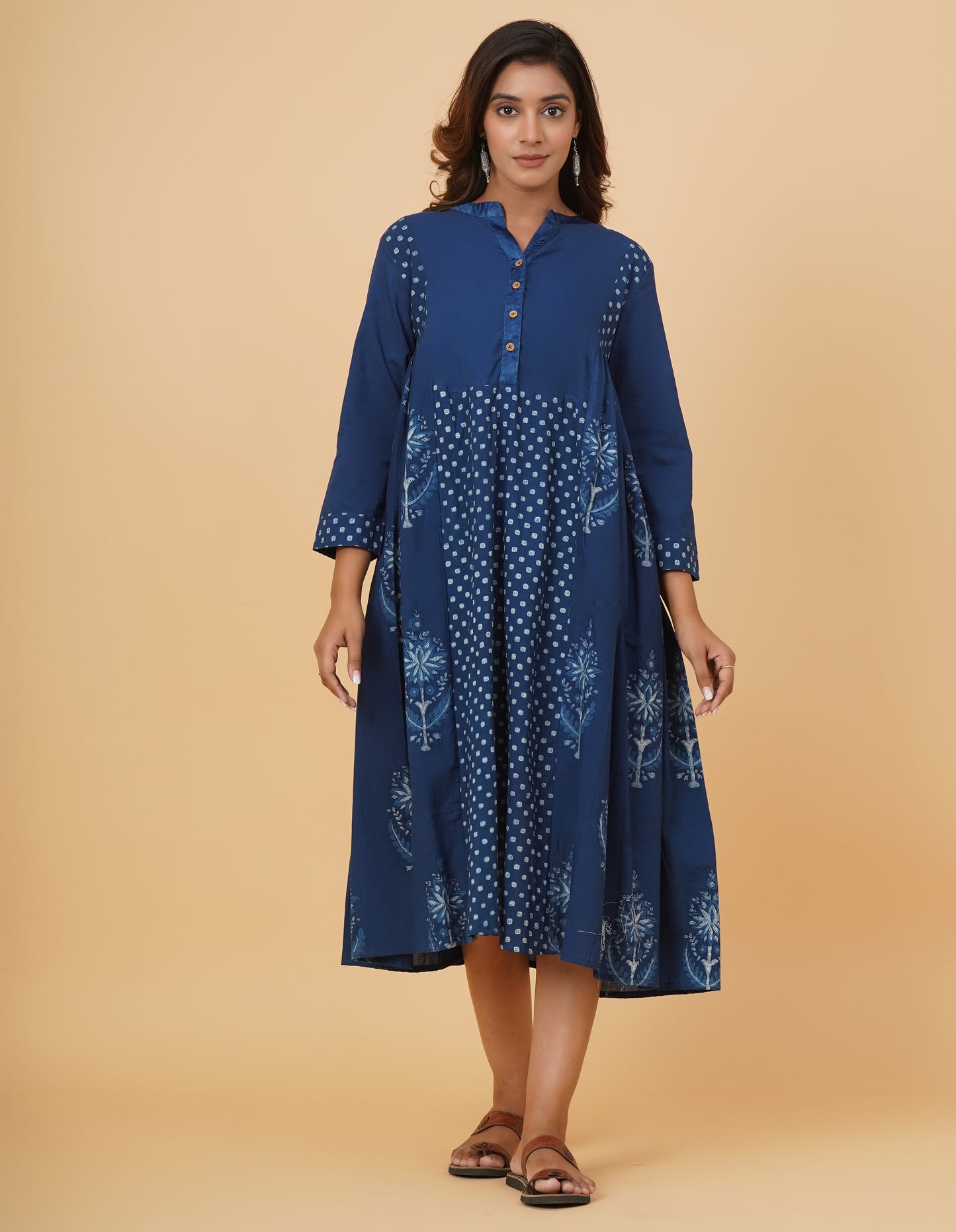 Natural Indig Dyed Dabu Printed Cotton Long Dress