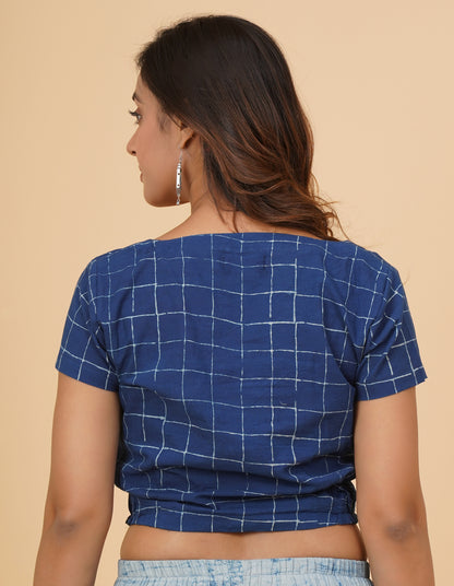 Indigo Dyed Dabu Printed Short Sleeve Blouse
