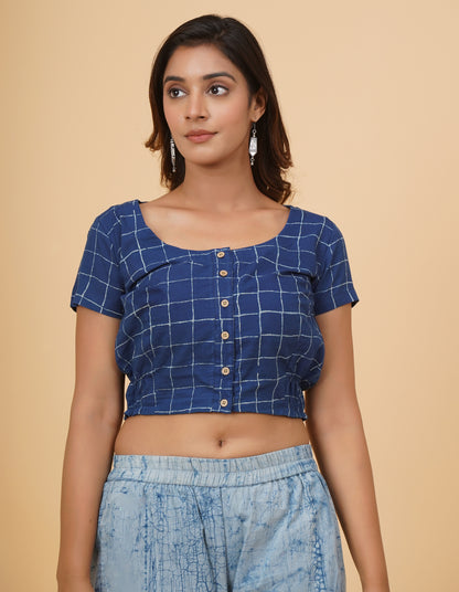 Indigo Dyed Dabu Printed Short Sleeve Blouse