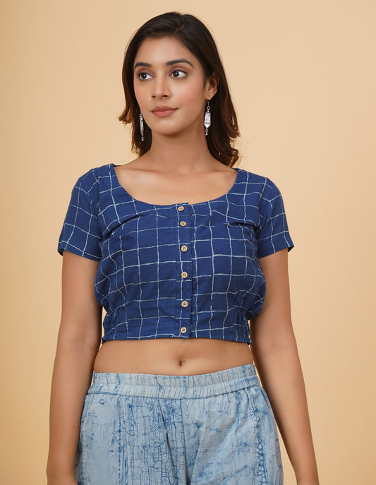 Indigo Dyed Dabu Printed Short Sleeve Blouse