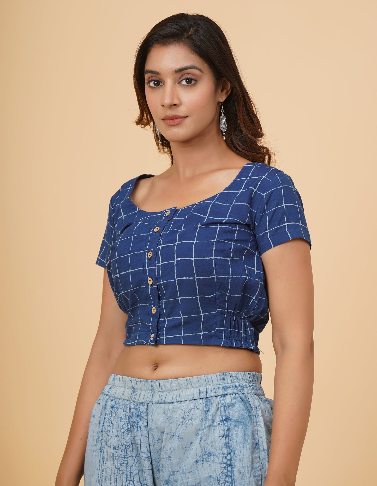 Indigo Dyed Dabu Printed Short Sleeve Blouse
