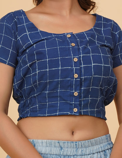 Indigo Dyed Dabu Printed Short Sleeve Blouse