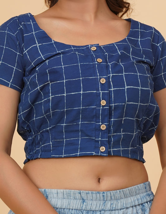 Indigo Dyed Dabu Printed Short Sleeve Blouse