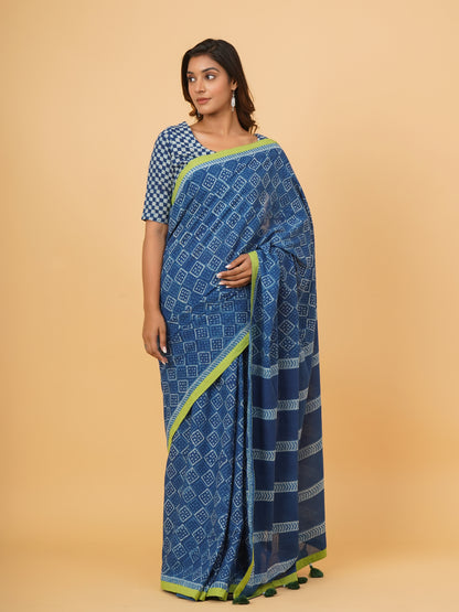 Natural Indigo Dyed Dabu Hand Block Printed Cotton Saree