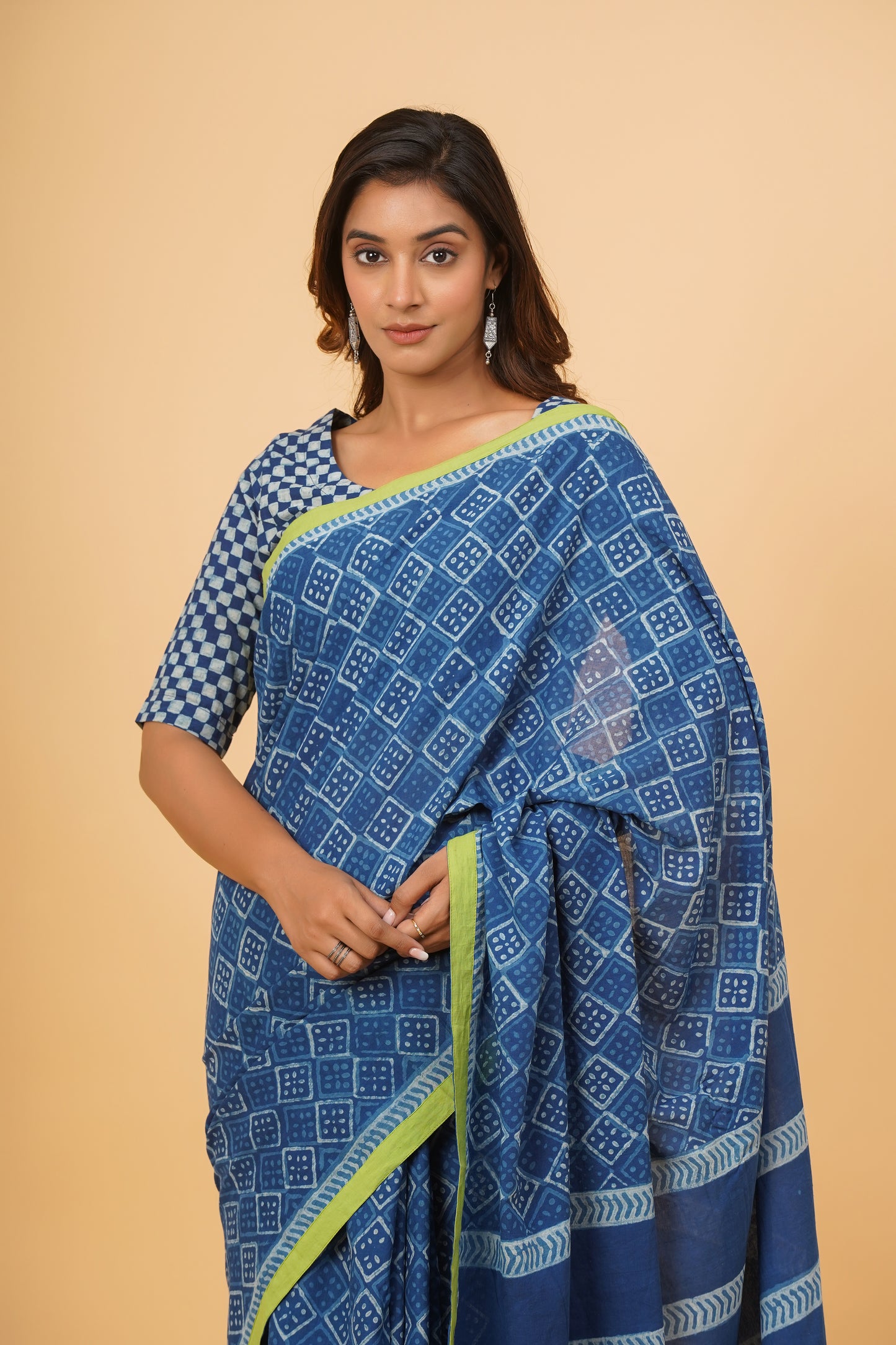 Natural Indigo Dyed Dabu Hand Block Printed Cotton Saree