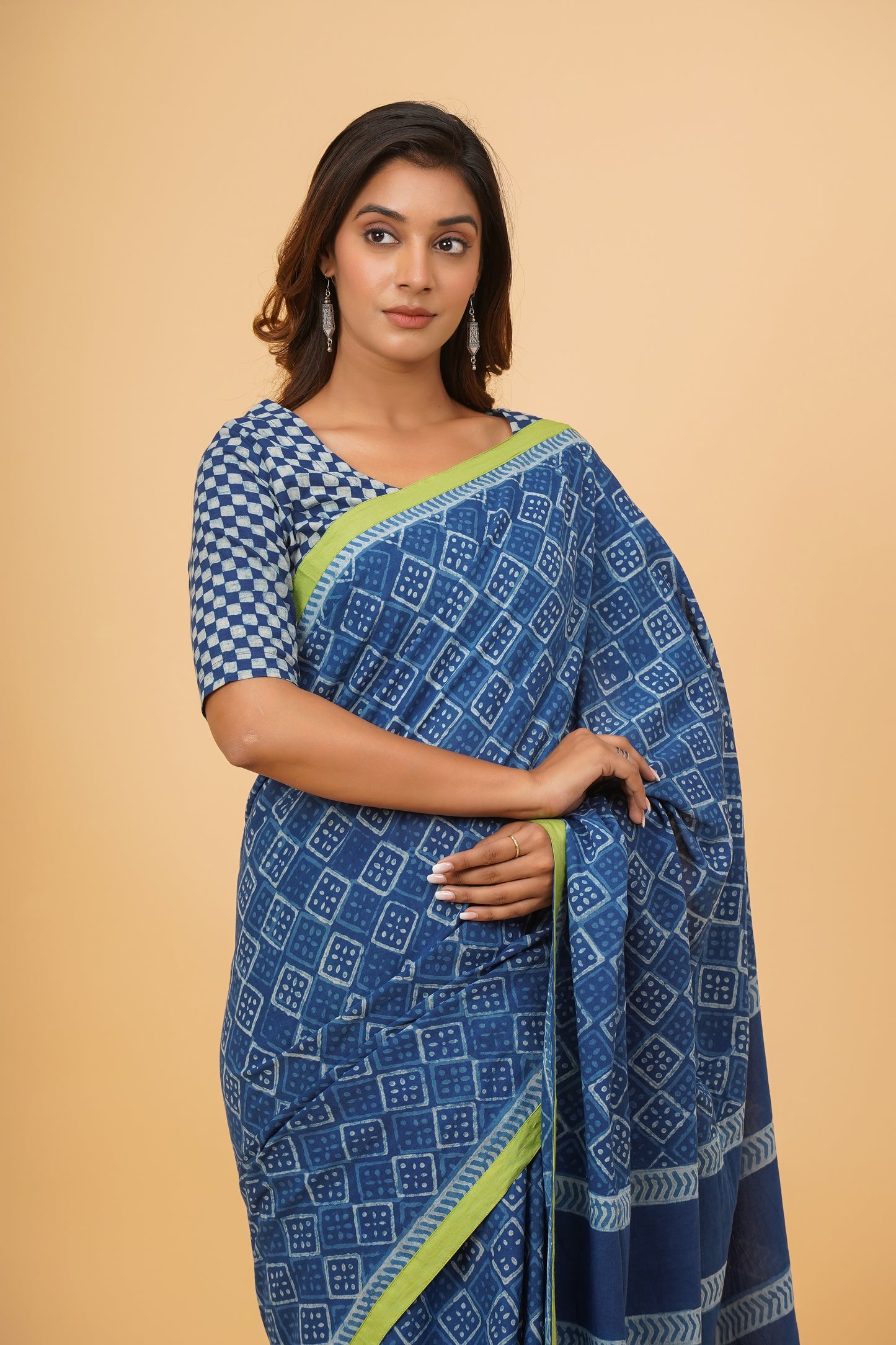 Natural Indigo Dyed Dabu Hand Block Printed Cotton Saree
