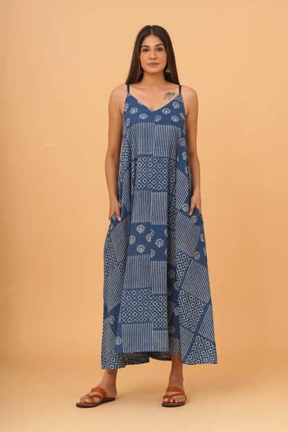 Natural Indigo Dyed Dabu Printed Cotton Long Dress