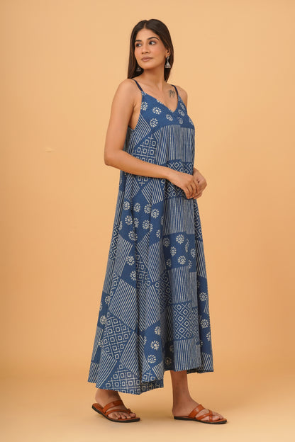 Natural Indigo Dyed Dabu Printed Cotton Long Dress