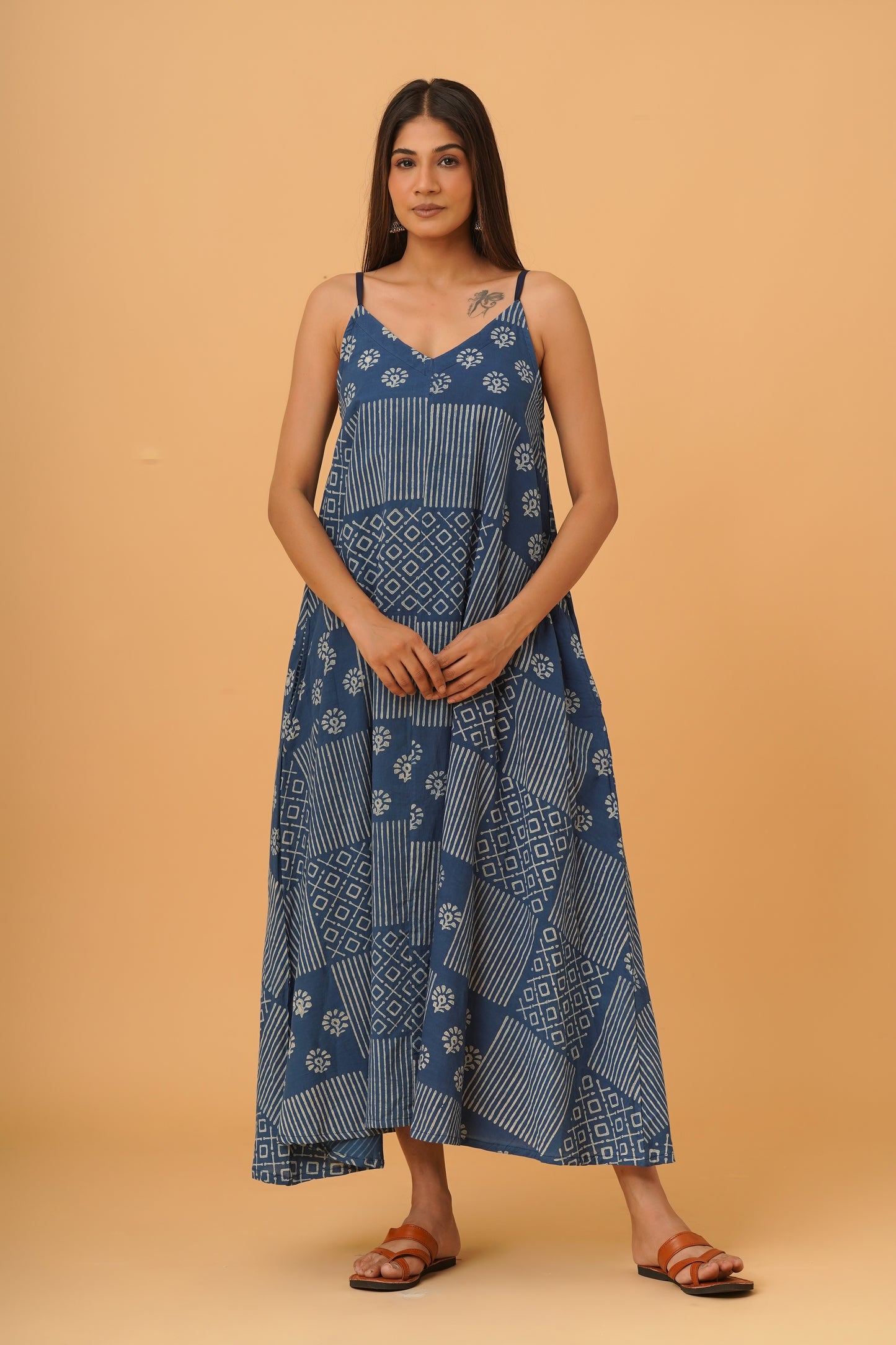 Natural Indigo Dyed Dabu Printed Cotton Long Dress