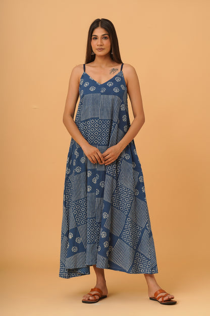 Natural Indigo Dyed Dabu Printed Cotton Long Dress