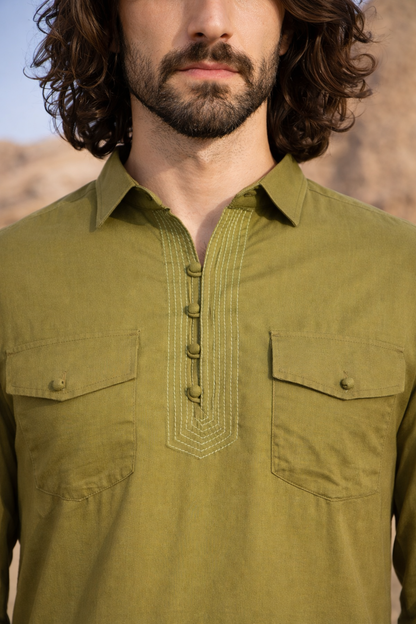 Dhurandhar Inspired Mehandi Green Pathani Kurta Set