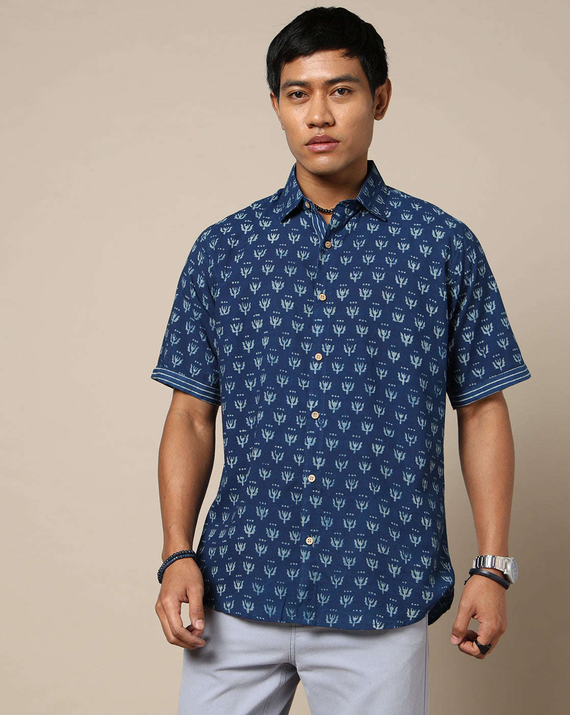 Men's Dabu Printed Indigo Dyed Shirt