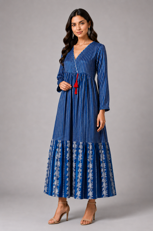 Imari Painting Inspired Indigo Dyed Dabu Hand Block Printed Modal Silk Angrakha