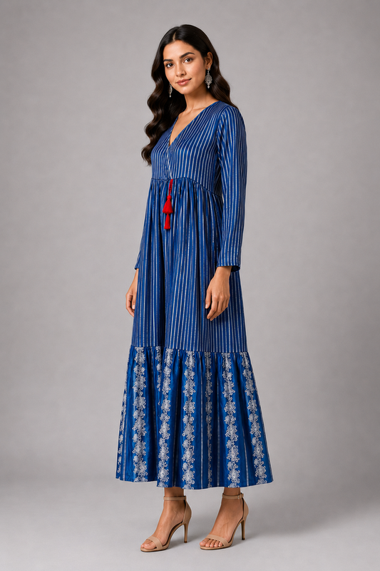 Imari Painting Inspired Indigo Dyed Dabu Hand Block Printed Modal Silk Angrakha