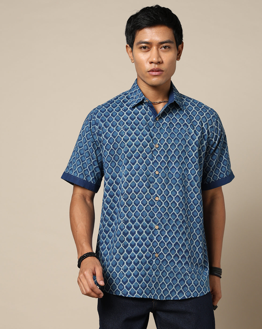 Men's Dabu Printed Indigo Dyed Shirt